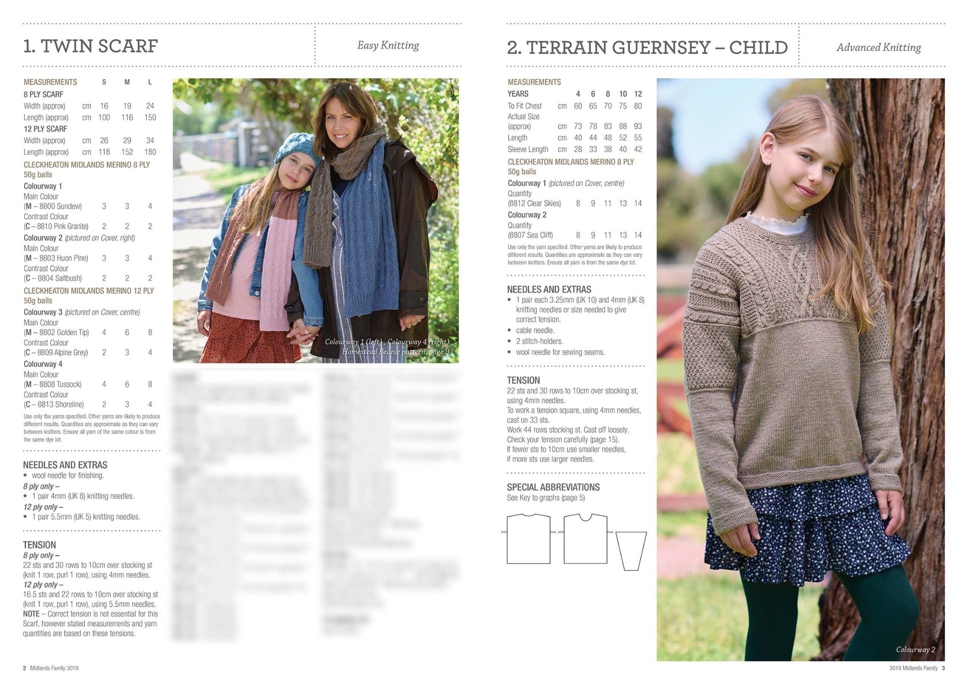 A knitting pattern page shows two designs: a "Twin Scarf" with a smiling woman and child wearing scarves, and a "Terrain Guernsey - Child" featuring a girl in a knitted sweater.