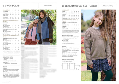 A knitting pattern page shows two designs: a "Twin Scarf" with a smiling woman and child wearing scarves, and a "Terrain Guernsey - Child" featuring a girl in a knitted sweater.