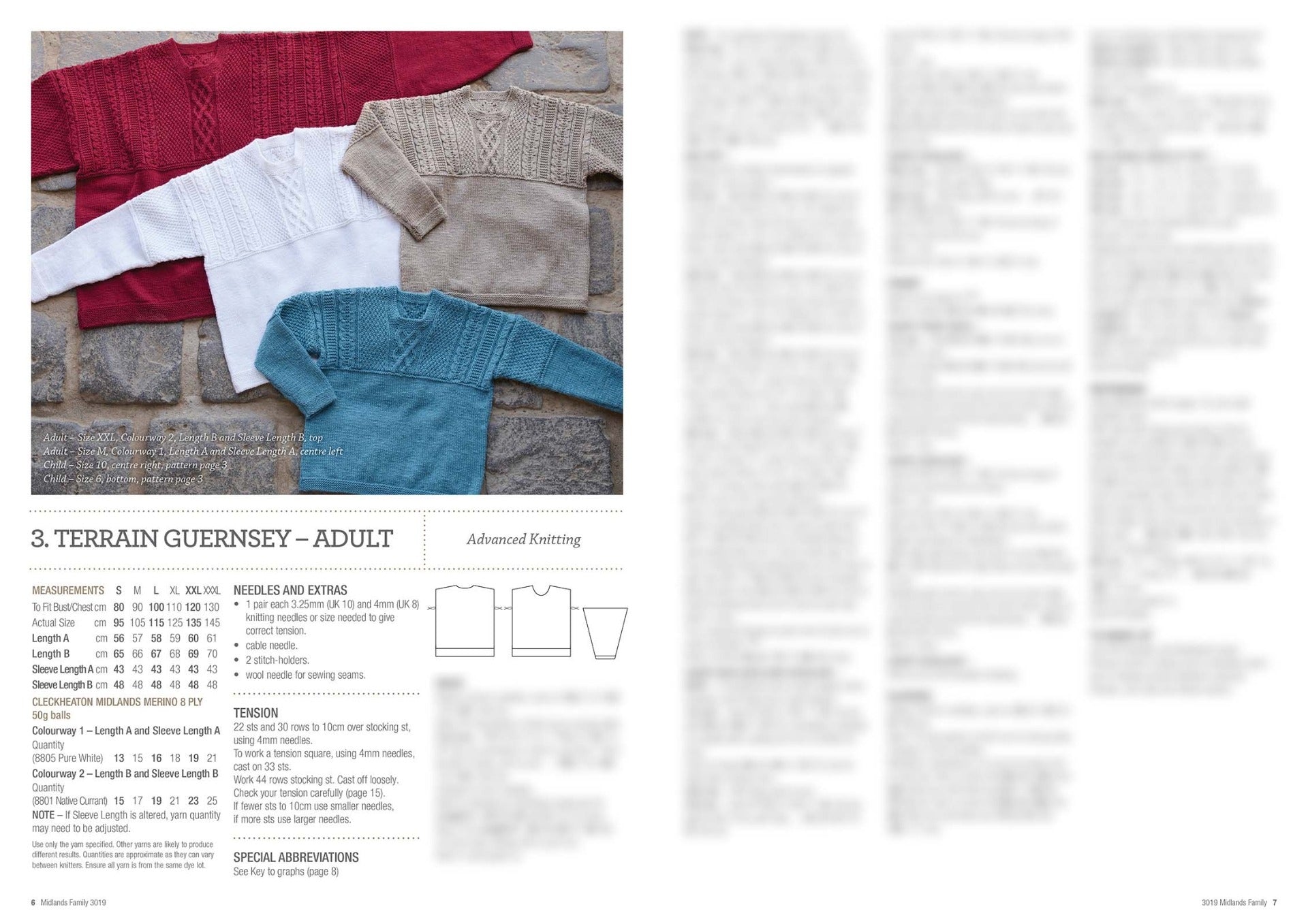 A collection of four knitted sweaters in red, white, beige, and blue are arranged on a stone background. The page includes pattern details and diagrams.
