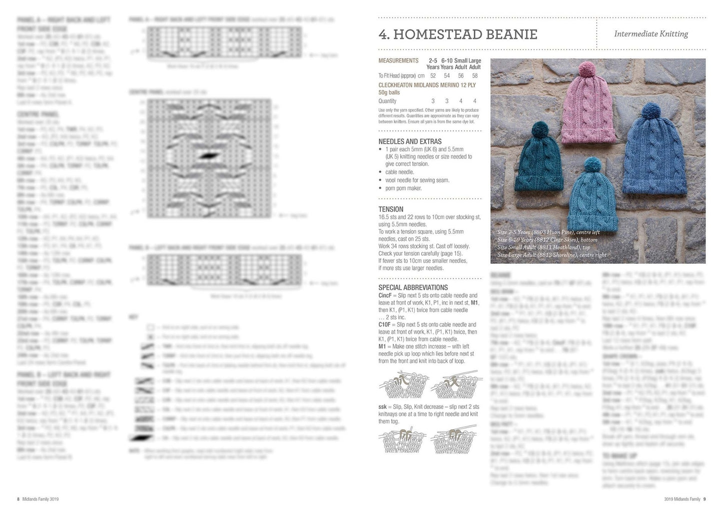 Knitting pattern for 'Homestead Beanie' with detailed instructions and four finished beanies in pink, teal, and blue displayed on a stone background. Features cable knit design. Intermediate skill level.