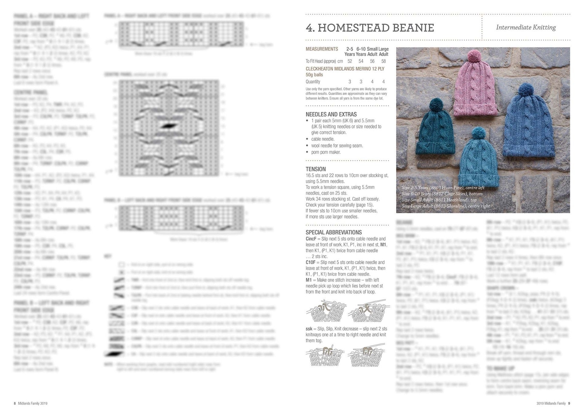 Knitting pattern for 'Homestead Beanie' with detailed instructions and four finished beanies in pink, teal, and blue displayed on a stone background. Features cable knit design. Intermediate skill level.