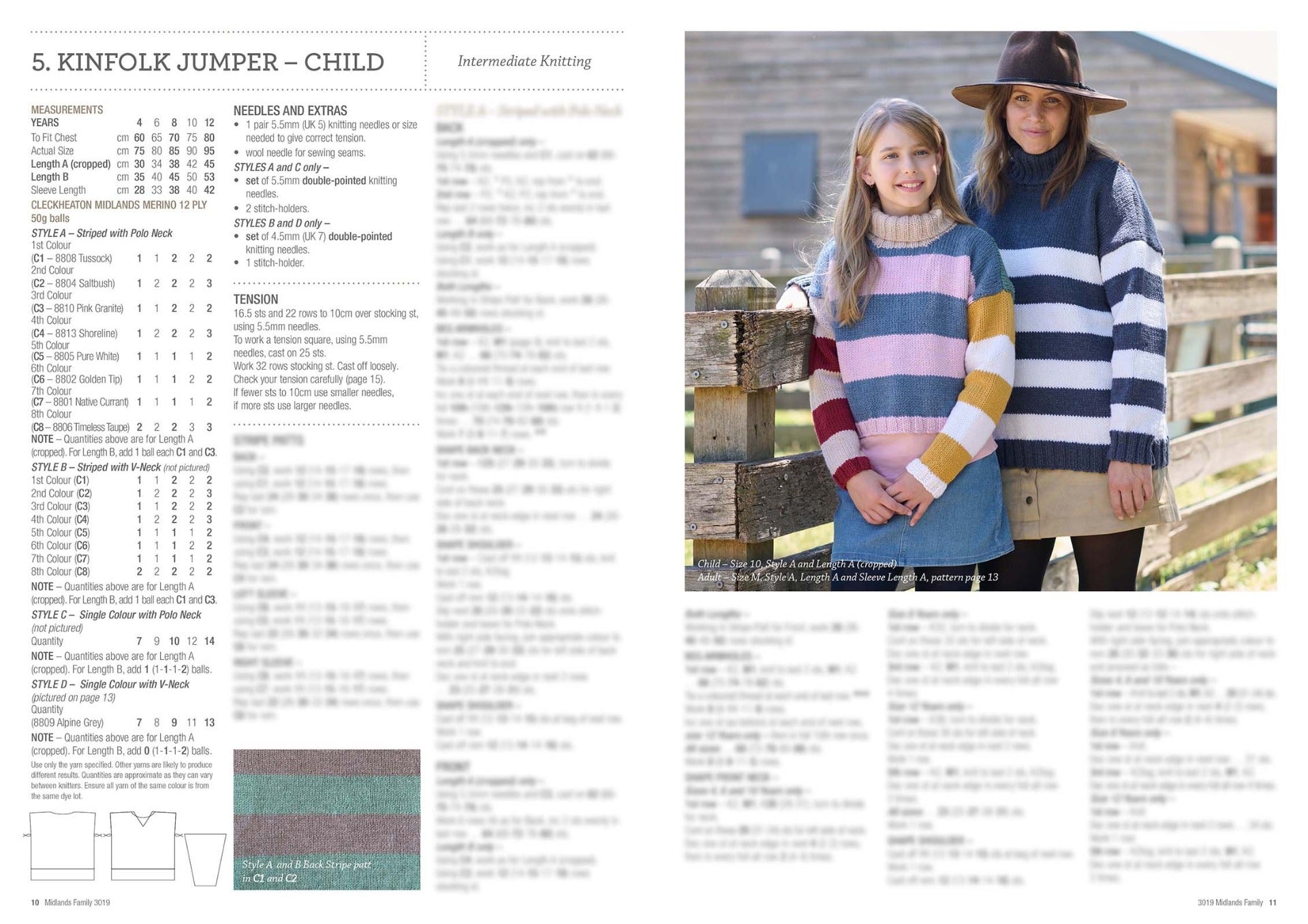  A child and adult stand together, smiling in colorful, striped knit sweaters; the scene is outdoors by a wooden fence, conveying warmth and coziness.