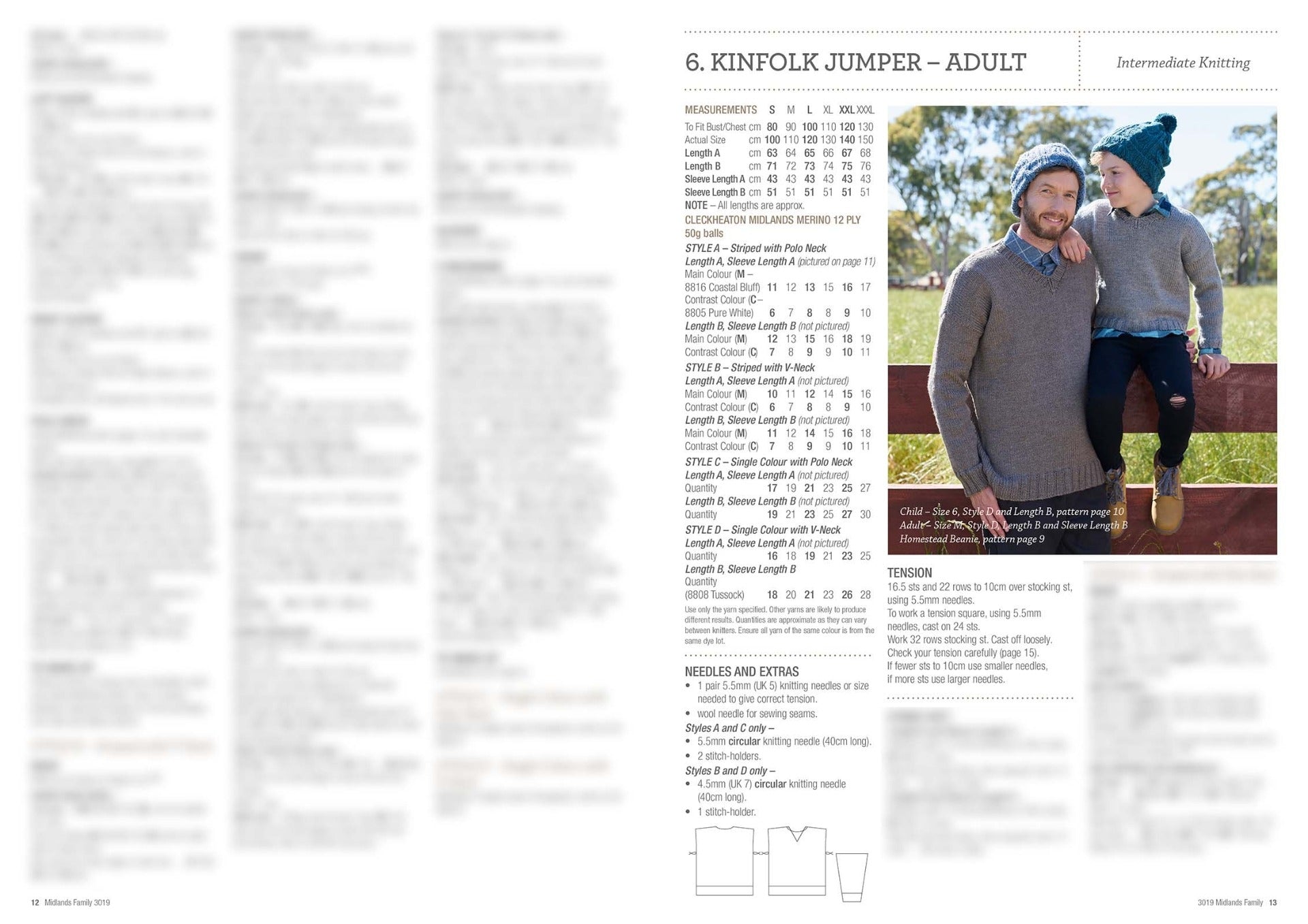 A knitting pattern page titled "Kinfolk Jumper – Adult" with instructions. A photo shows two people wearing knitted sweaters, sitting on a wooden fence, smiling in a sunny park.
