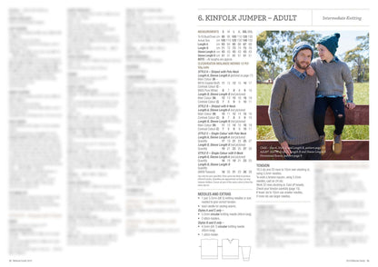 A knitting pattern page titled "Kinfolk Jumper – Adult" with instructions. A photo shows two people wearing knitted sweaters, sitting on a wooden fence, smiling in a sunny park.