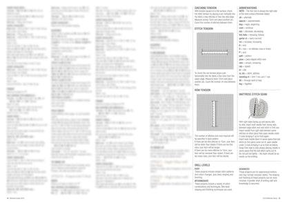 A page showing knitting instructions and diagrams. Includes sections on stitch and row tension, abbreviations, skill levels, and mattress stitch seam. Dense, technical content.