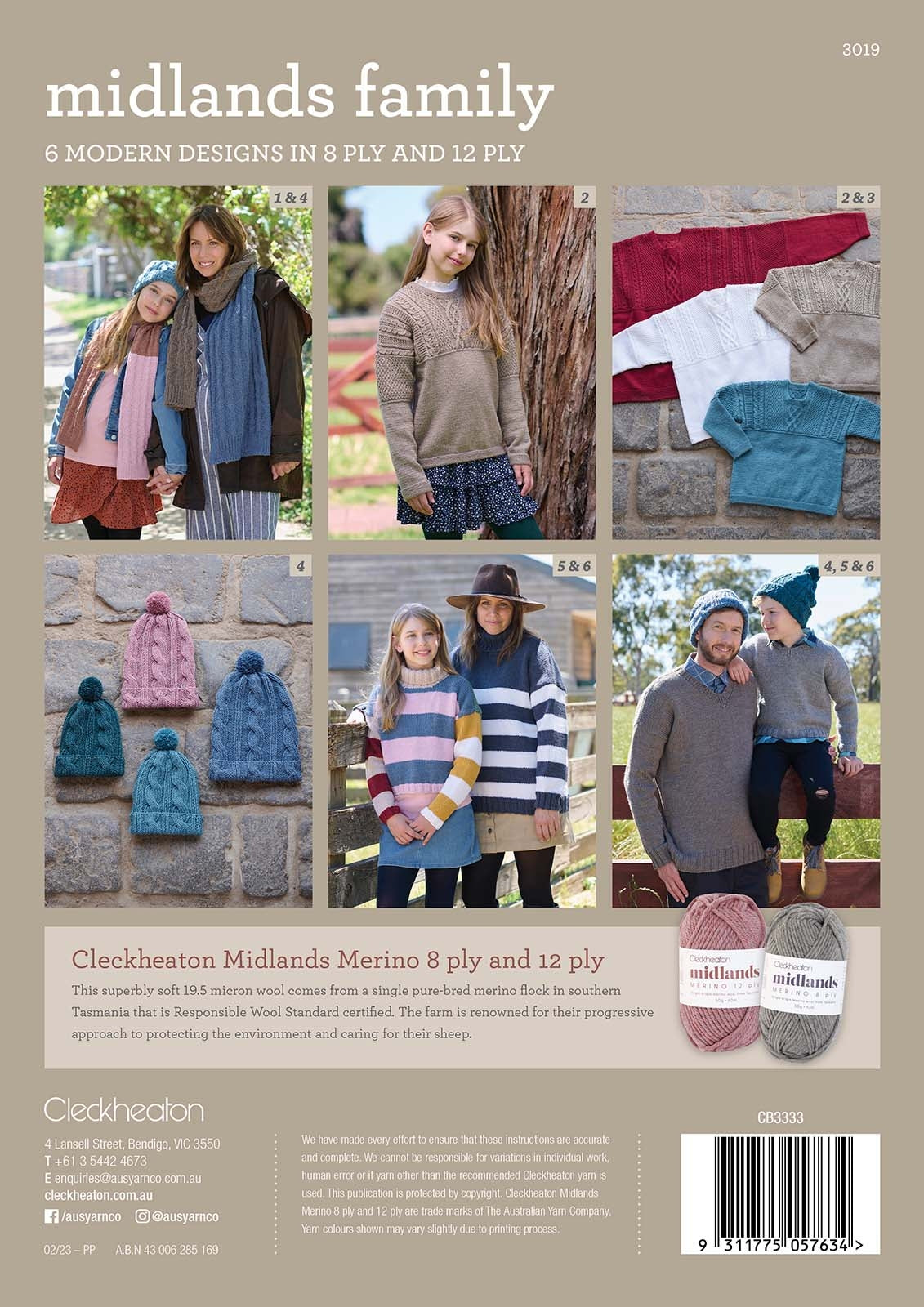 Collage of people wearing knitted clothing from the Midlands Family collection, showcasing cozy sweaters, hats, and scarves in various colors.