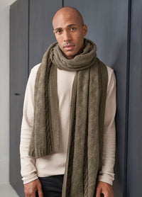 A man wearing an olive green knitted scarf, showcasing a textured pattern and a cozy, warm appearance.