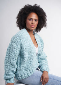 Comfy knitting pattern, a slouchy oversized sweater with drop shoulders and ribbed cuffs, made with Rowan Big Wool.