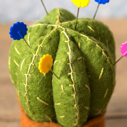 Green felt cactus with colorful pins on a blurred background