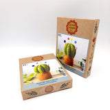 Two cardboard boxes with craft kit images on a white background