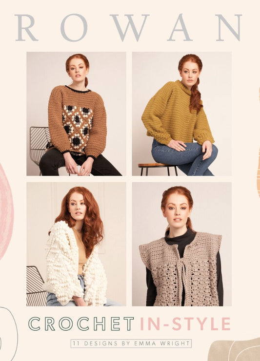 Rowan's crochet design highlights sophisticated knitwear with elaborate stitches and a contemporary flair in vibrant hues.