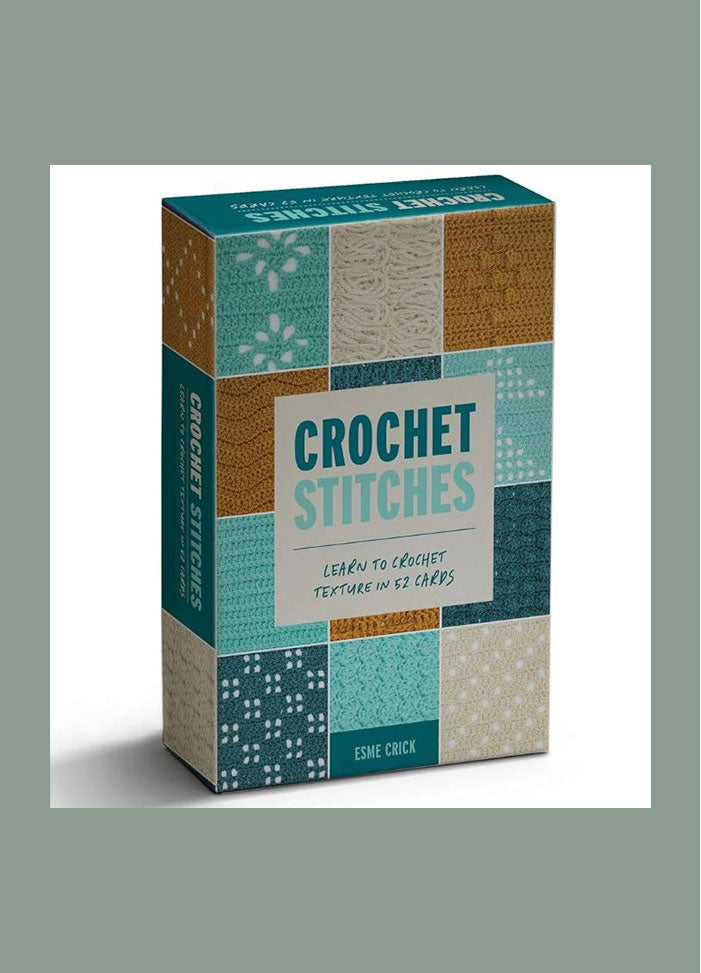 Cover of Crochet Stitches: Learn to Crochet Texture in 52 Cards, featuring a neatly arranged set of 52 cards, each displaying a different crochet stitch pattern. The cards are housed in a compact, decorative box with the title prominently displayed at the top.
