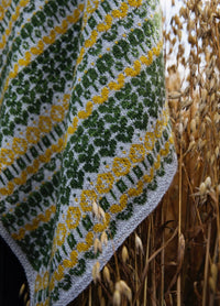 Dreaming in the Park Scarf': Light gray scarf with green and yellow diamond and floral motifs, draped over dry grass.