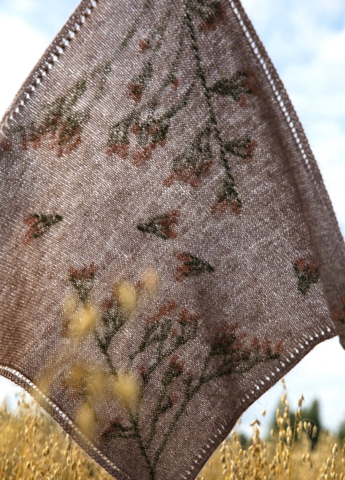Limonium Apricot Scarf': Light brown scarf with green and pink floral motifs, shown in an outdoor setting with tall grass.