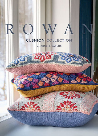 ARNE & CARLOS Cushion Collection for Rowan‚Äîeight Scandinavian‚Äëinspired cushion designs (four floral, four geometric) in Softyak DK.