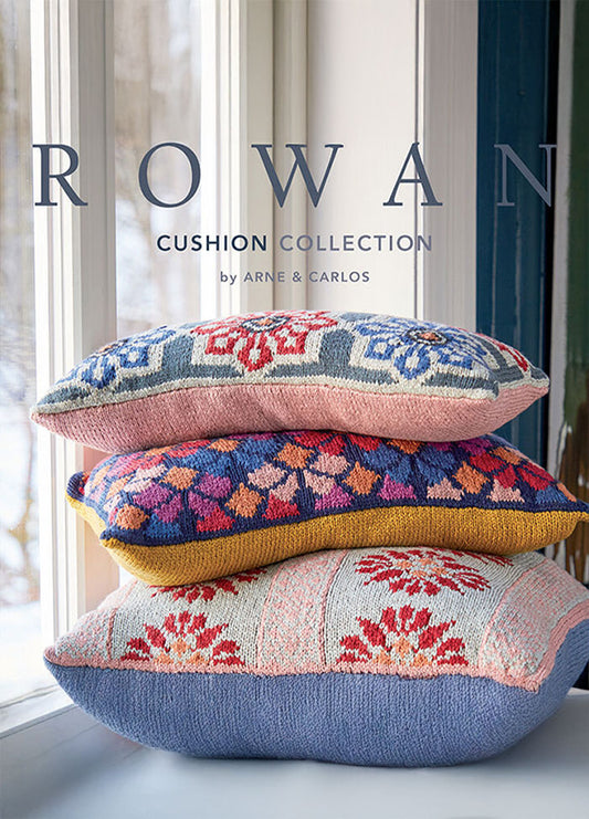 ARNE & CARLOS Cushion Collection for Rowan‚Äîeight Scandinavian‚Äëinspired cushion designs (four floral, four geometric) in Softyak DK.