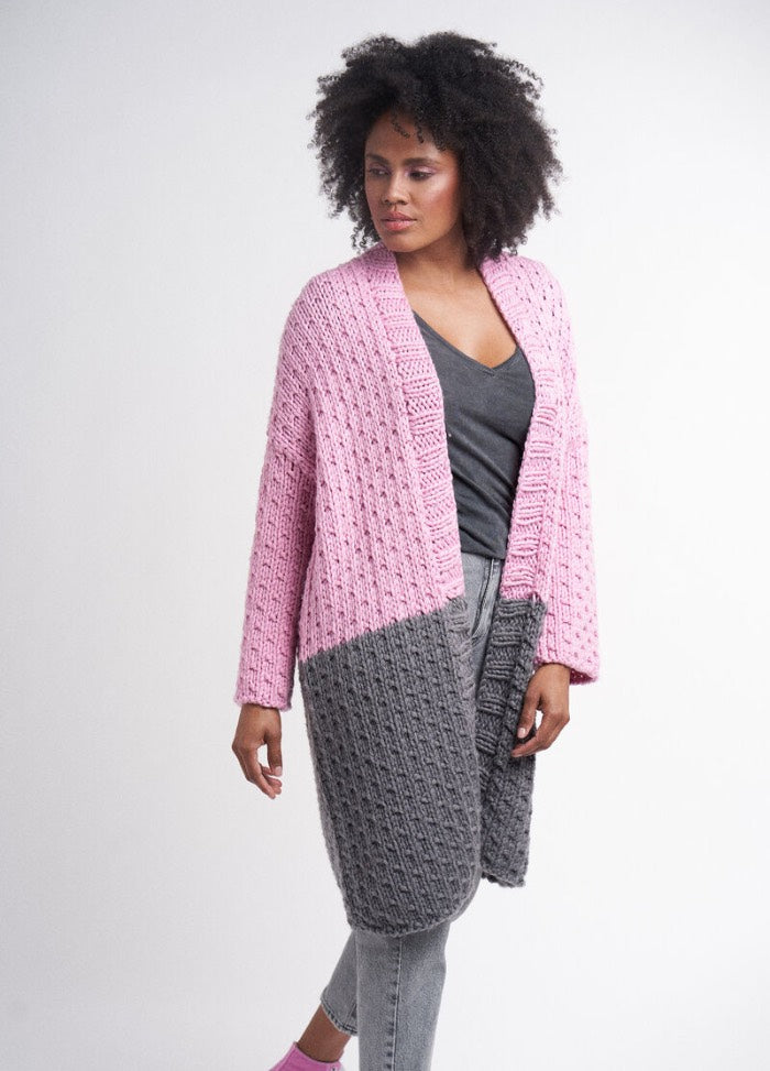 Dash jumper pattern, a modern knit with clean lines and subtle color blocking, designed in Rowan Big Wool yarn.