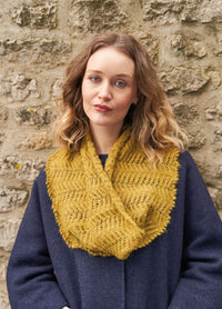 Soft cowl featuring interplaying cables and lace with a picot edge; knit in feather-light Alpaca Classic for warmth without weight.