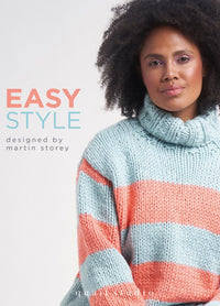Easy Style knitting pattern book cover by Martin Storey for Rowan, featuring a model wearing a chunky hand-knitted sweater in Big Wool yarn, styled in a cozy indoor setting.