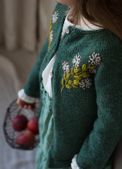 Aster: floral embroidery on green knit cardigan, featuring delicate blooms across the chest.