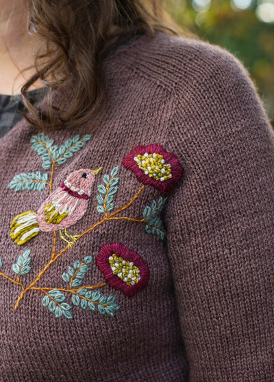 Birdie: pink bird perched among red flowers and green leaves embroidered on knit sweater.