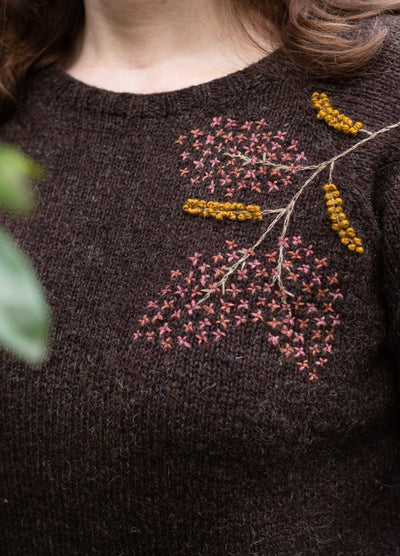 Floral Crest: pink, blue, and orange floral embroidery arranged in a crest shape on knit sweater.