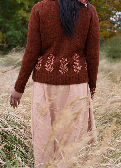 Mimosa: yellow mimosa branch embroidered on shoulder of blue knit sweater.