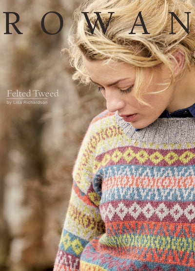 Felted Tweed by Lisa Richardson pattern book cover featuring model in Fair Isle knitwear using Rowan Felted Tweed yarn.