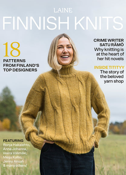 Front cover of Laine Finnish Knits magazine featuring a mustard yellow sweater; includes 18 patterns from Finnish designers.