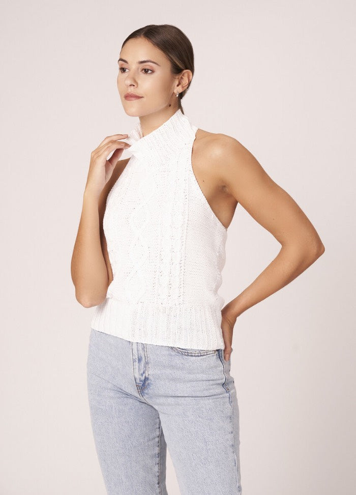 Halterneck top with central cable panel, knitted in Cotton Glac?© for a crisp finish.