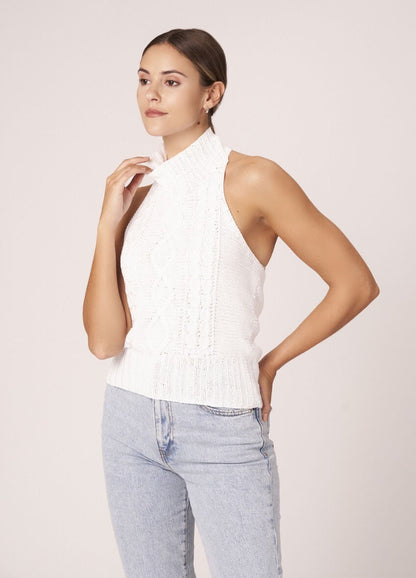 Halterneck top with central cable panel, knitted in Cotton Glac?© for a crisp finish.