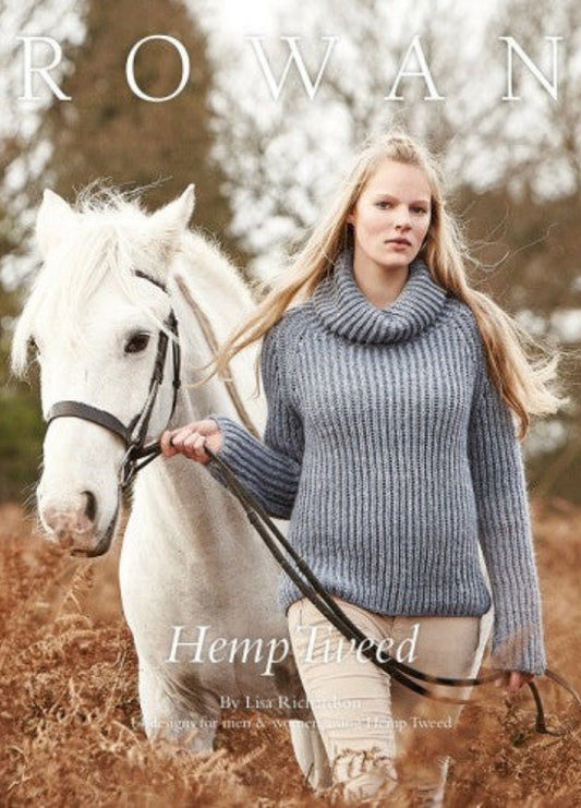 Front cover of Rowan Hemp Tweed by Lisa Richardson, featuring a person in a gray knit sweater walking with a white horse in a wooded outdoor setting.