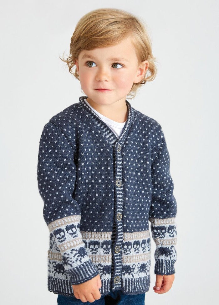 A child in a blue patterned cardigan with buttons and a neutral expression. The cardigan has a detailed knit design in white and beige.