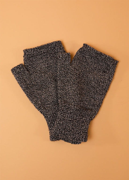 Pair of dark gray hand-knitted hunter fingerless gloves with open-finger design for warmth and dexterity, displayed on a light brown background.