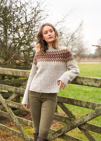 Top-down, in-the-round Fair Isle yoke sweater with diamond colourwork, delicate cable through body and wide sleeves in five shades of Alpaca Classic.