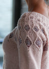 Close-up of a soft pink knit sweater with intricate lace patterns and beaded details on the shoulder. The background is softly blurred, creating a cozy feel.