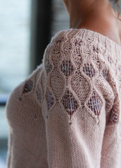 Close-up of a soft pink knit sweater with intricate lace patterns and beaded details on the shoulder. The background is softly blurred, creating a cozy feel.