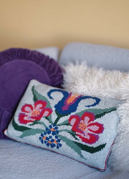 Kerstin cushion with an intricate Nordic‚Äëinspired front and a modern geometric back; choose one side or both; Softyak DK.