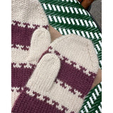 Two mittens featuring a striped design, expertly knitted from the wrist up using the Magic Loop technique or double-pointed needles.