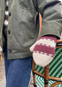 A person wearing a green jacket and blue jeans rests their hand, in a striped maroon and cream mitten, on a green and white woven chair. Cozy, winter vibe.