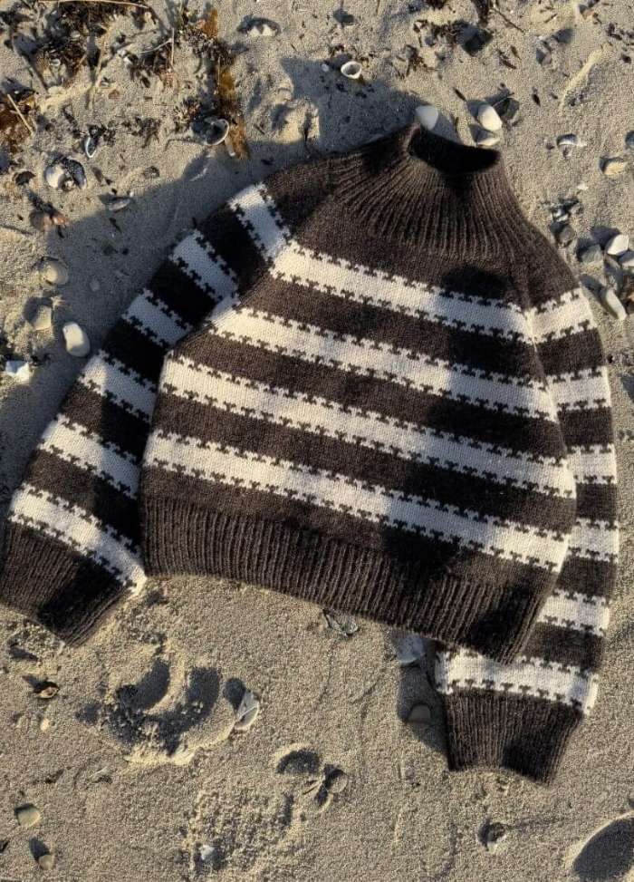 A striped sweater in dark brown and white lies on sandy ground adorned with scattered seashells and seaweed, evoking a cozy, beachside vibe.