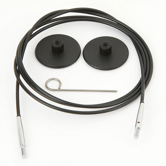 Black wires with a screw, compatible with KnitPro tips, ideal for circular knitting projects in various lengths.