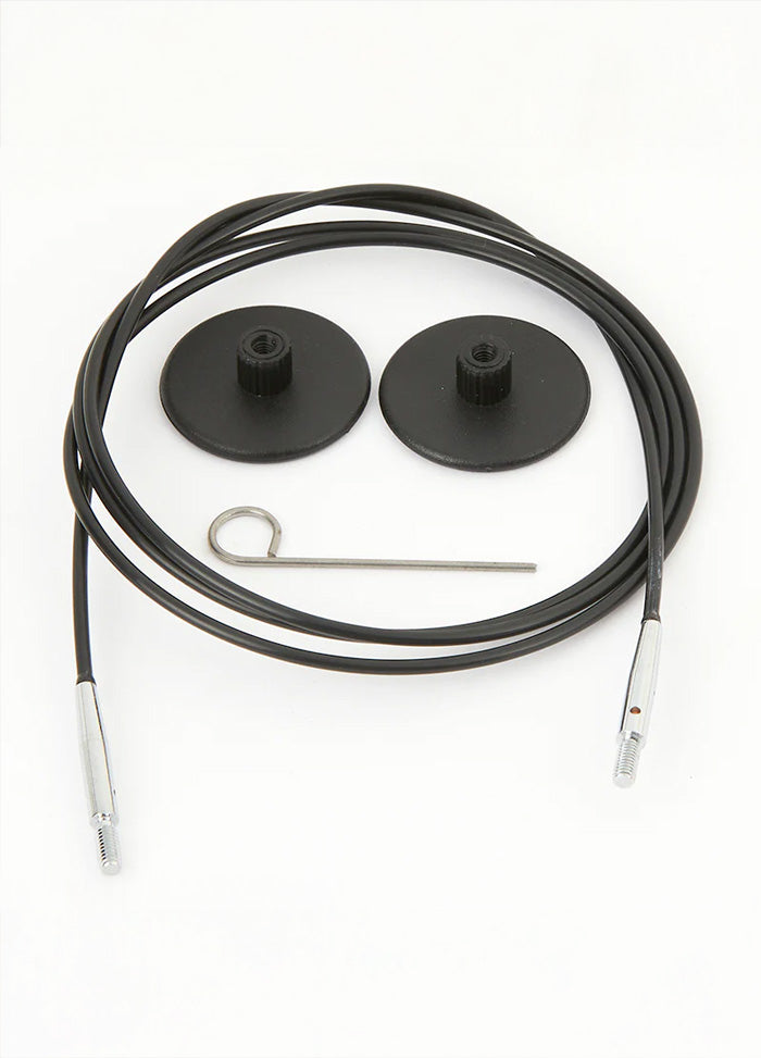 Black wires with a screw, compatible with KnitPro tips, ideal for circular knitting projects in various lengths.
