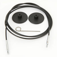 Black wires with a screw, compatible with KnitPro tips, ideal for circular knitting projects in various lengths.