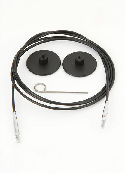 Black wires with a screw, compatible with KnitPro tips, ideal for circular knitting projects in various lengths.