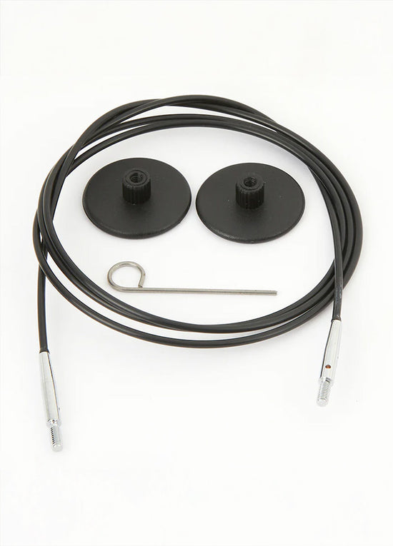Black wires with a screw, compatible with KnitPro tips, ideal for circular knitting projects in various lengths.