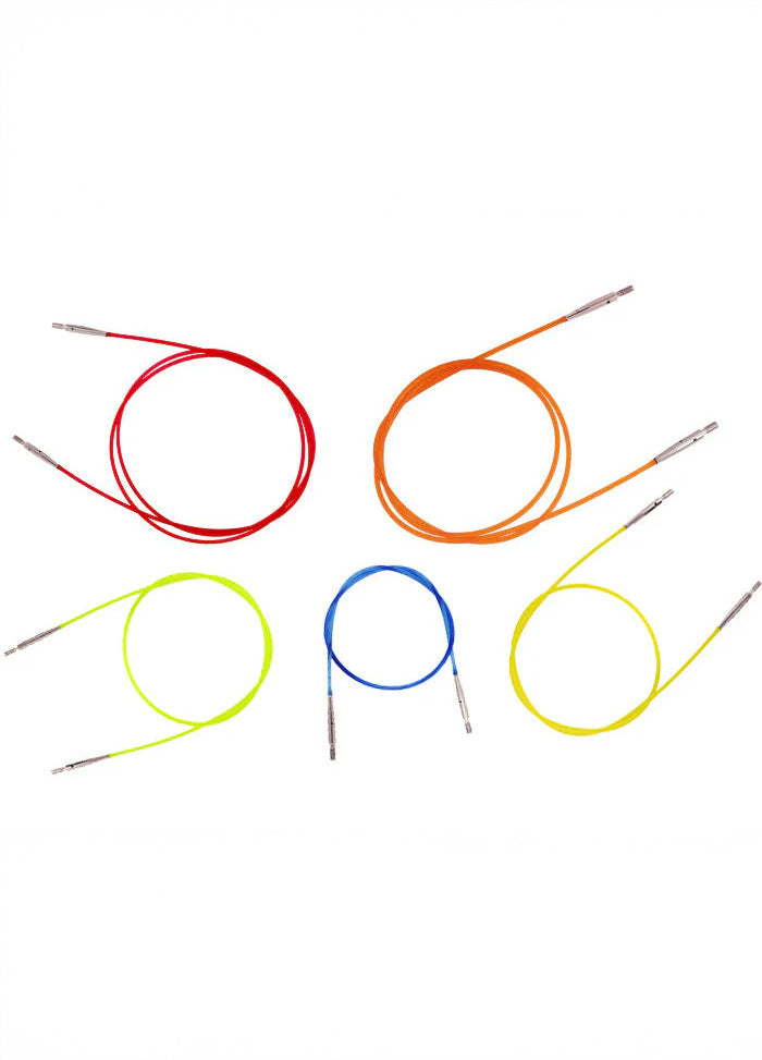  A collection of colorful knitting needles and cables, designed for KnitPro interchangeable tips and crochet hooks.