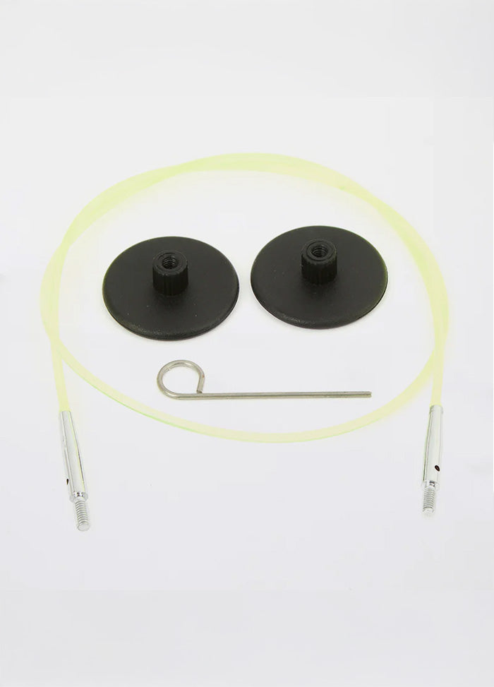 Green and black wires with a screw, compatible with KnitPro tips, ideal for circular knitting projects in various lengths.