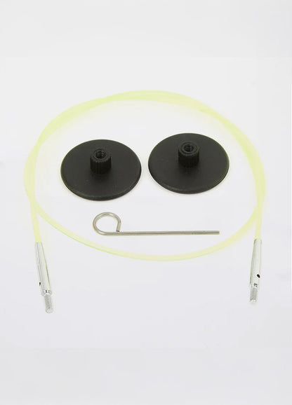 Green and black wires with a screw, compatible with KnitPro tips, ideal for circular knitting projects in various lengths.
