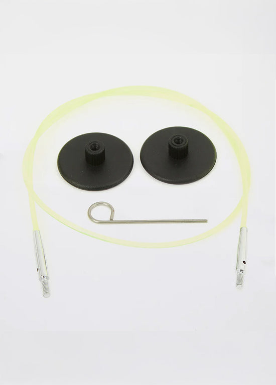 Green and black wires with a screw, compatible with KnitPro tips, ideal for circular knitting projects in various lengths.